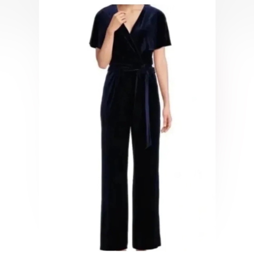 Alex Marie Navy Velvet Cape Sleeves Jumpsuit